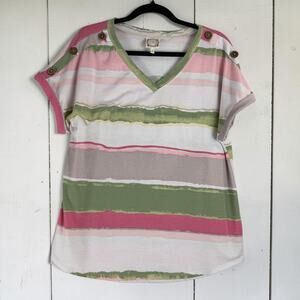 TruSelf Striped V-Neck Tee Large Button Shoulder Casual Boho Top